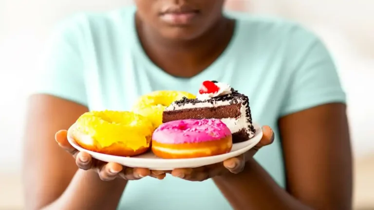 Personne tenant une assiette de pâtisseries sucrées illustrant l'addiction au sucre et la compulsion alimentaire