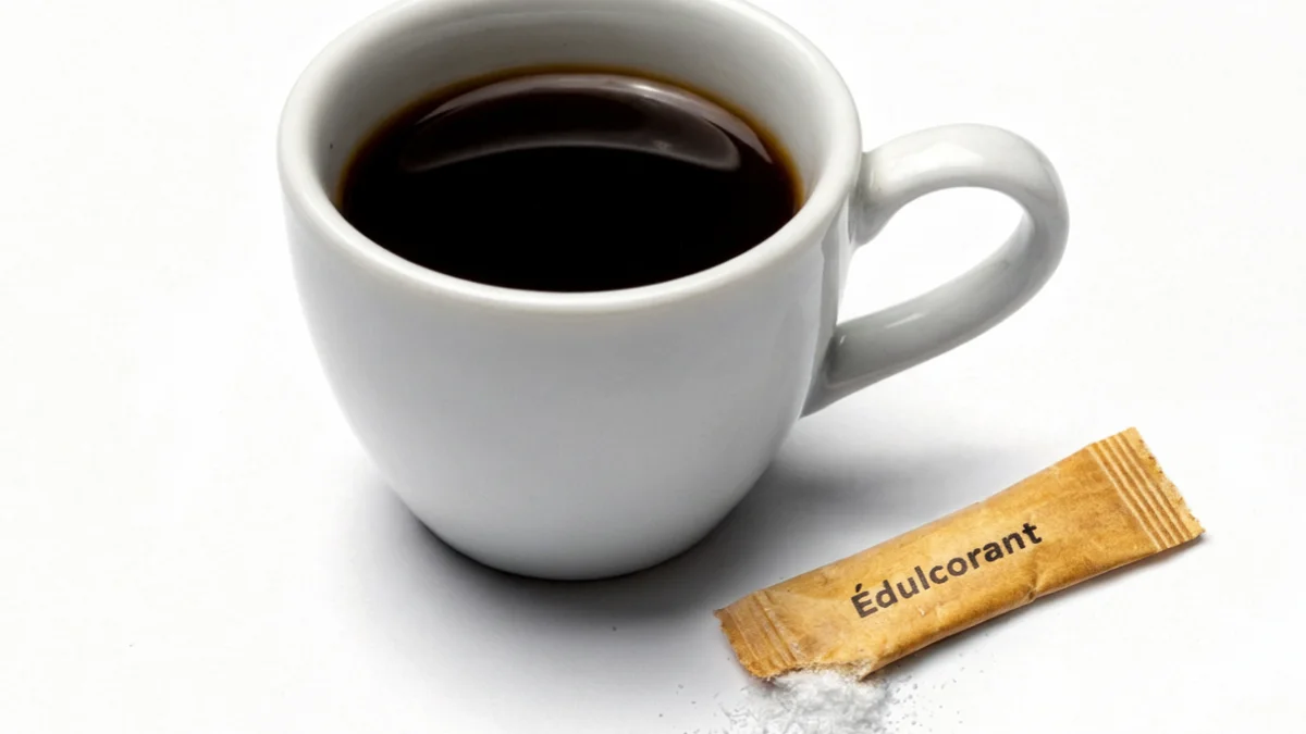 Sachet d'édulcorant artificiel à côté d'une tasse de café noir illustrant les faux sucres