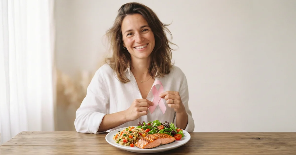 alt="Alimentation anti-cancer : saumon et salade, conseil nutritionnel pour la prévention du cancer du sein pendant Octobre Rose"