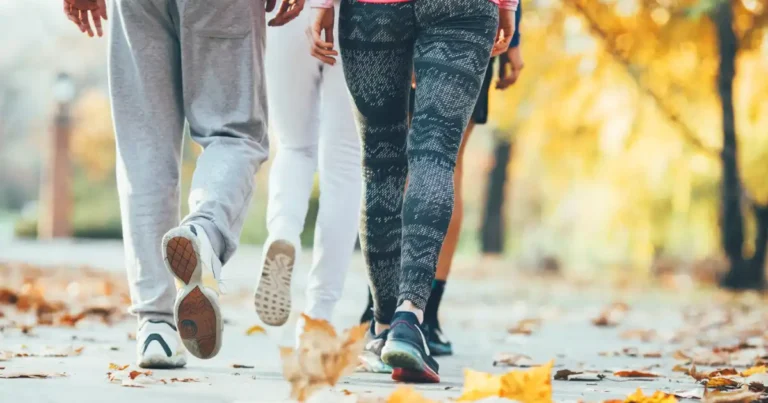 Groupe de personnes en marche rapide dans un parc en automne, activité physique recommandée pour la prévention du cancer du sein